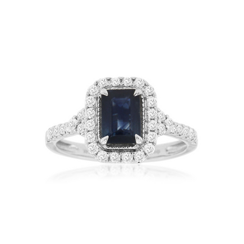 14 Karat White Gold Emerald Cut Sapphire and Diamond Halo Ring