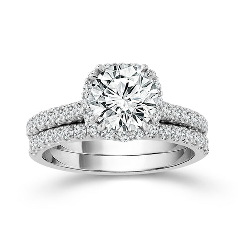 14k White Gold 2 1/5 Carat Round Halo Lab Grown Diamond Wedding Set