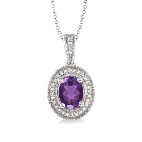 Sterling Silver Oval Amethyst and Diamond Halo Pendant