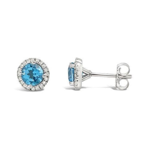 6mm Blue Topaz and Diamond Halo Stud Earrings - Sterling Silver, 1/6ct Diamonds