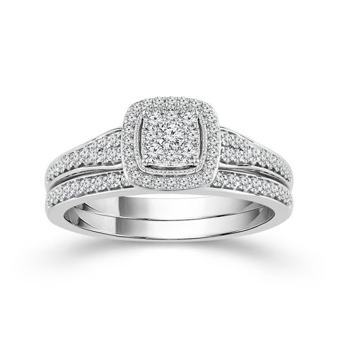 10 Karat White Gold 1/2 Carat Square Diamond Halo Wedding Set