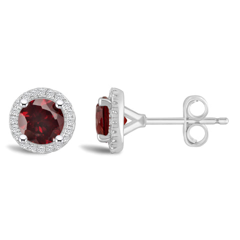 Round Garnet and Diamond Halo January Birthstone Earrings in Sterling Silver