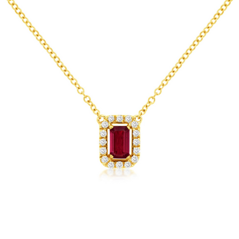 14 Karat Yellow Gold Emerald Cut Ruby Diamond Halo Pendant