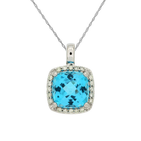 10 Karat White Gold 3 1/10 Carat Blue Topaz and Diamond Pendant