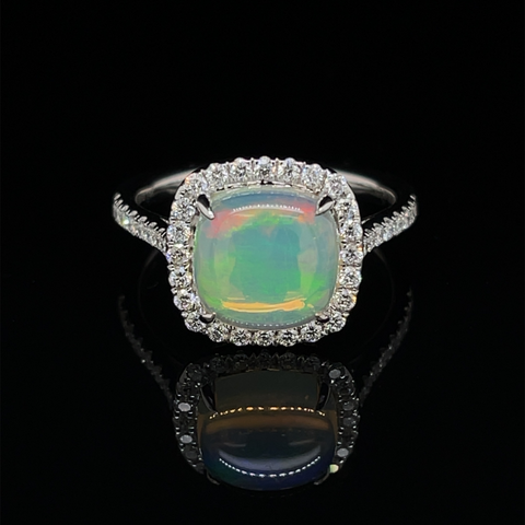 14 Karat White Gold 2 1/5 Carat Cushion Cut Opal and Diamond Halo Ring