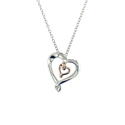 Sterling Silver and 10k Rose Gold Diamond Heart Pendant