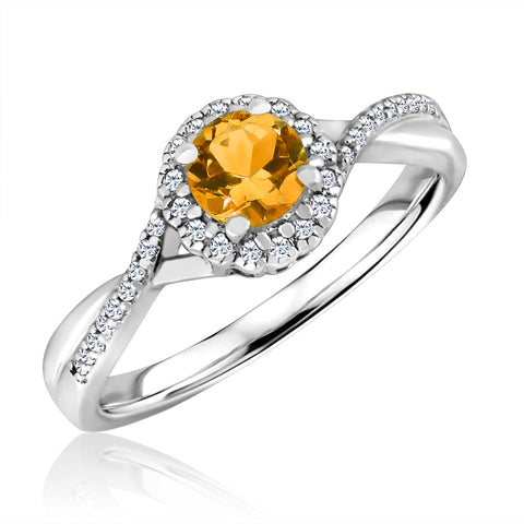 Citrine and Diamond Halo November Birthstone Ring in Sterling Silver