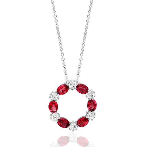 14K White Gold Ruby and Diamond Wreath Pendant with Adjustable Chain