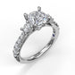 14 Karat White Gold Fana 0.56 Carat Three Stone Pave Diamond Engagement Ring Setting