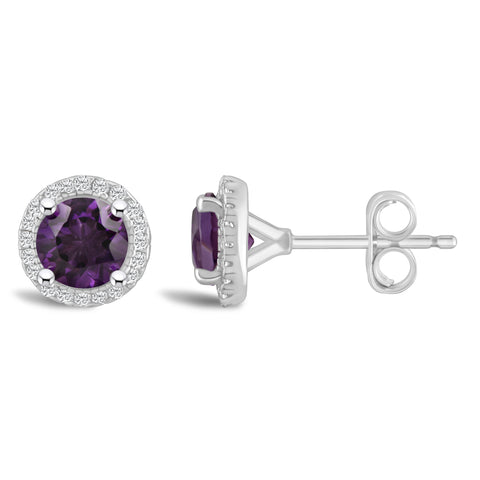 Round Amethyst and Diamond Halo February Birthstone Earrings in Sterling Silver