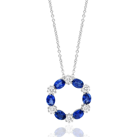 14K White Gold Blue Sapphire and Diamond Wreath Pendant Adjustable Chain