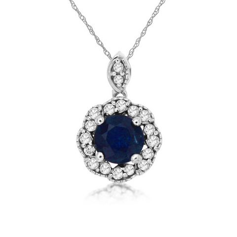 14 Karat White Gold Sapphire and Diamond Halo Pendant