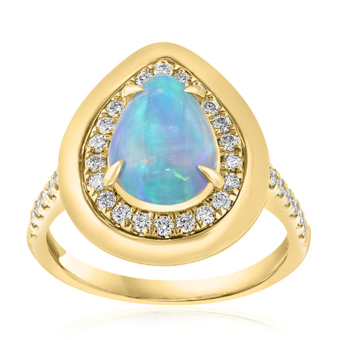 14K Yellow Gold Ethiopian Opal Ring with Diamond Halo