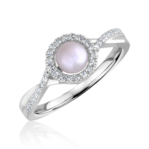 Pearl and Diamond Halo June Birthstone Ring in Sterling Silver