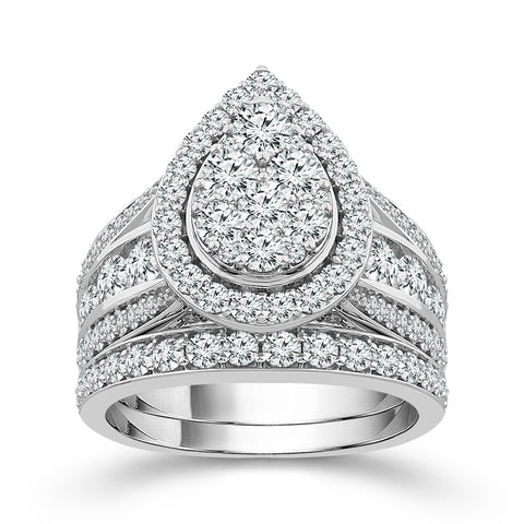 10k White Gold 1.50ctw Diamond Pear Shape Halo Wedding Set