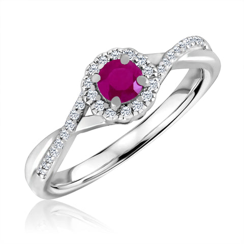 Ruby and Diamond Halo July Birthstone Ring in Sterling Silver