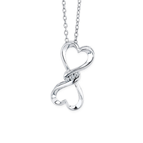 Three Stone Diamond Double Heart Pendant in Sterling Silver