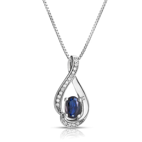 Oval Sapphire Diamond Swirl September Birthstone Pendant in Sterling Silver