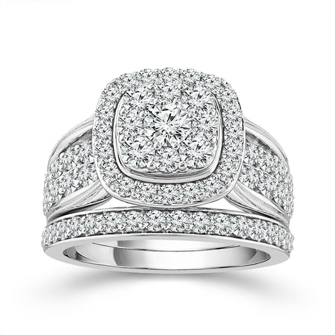 2.00 Ctw Cushion Halo Multi Stone Diamond Wedding Set With Milgrain Detail