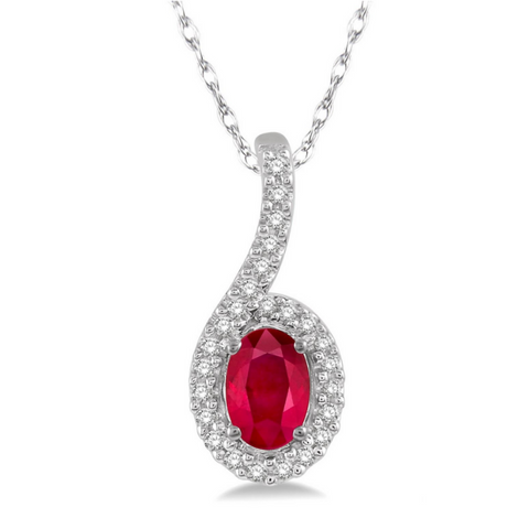 10 Karat White Gold 6x4mm Ruby and 1/8 Carat Diamond Pendant