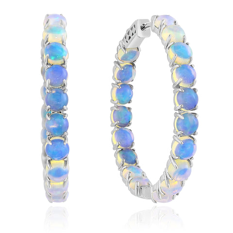 14K White Gold Ethiopian Opal Hoop Earrings with 6.75 Carats of Opals