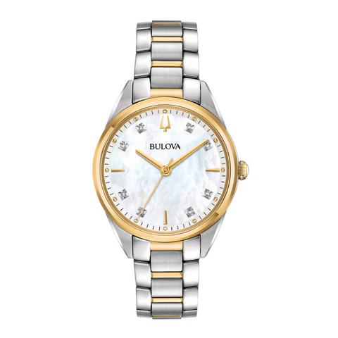 Ladies Bulova Stainless Steel Gold-Tone Mother of Pearl Sapphire Crystal Watch