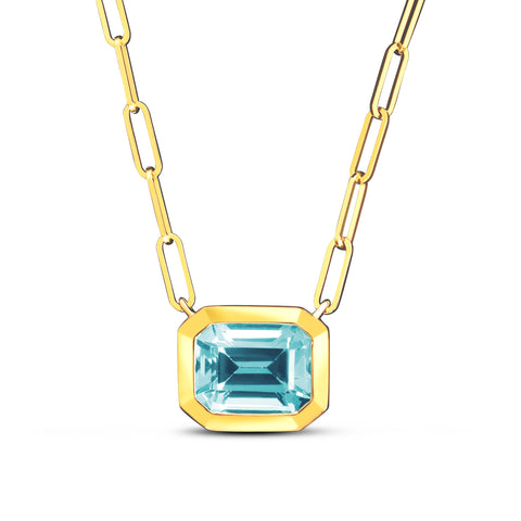 Emerald Cut Blue Topaz Paperclip Necklace in 14K Yellow Gold