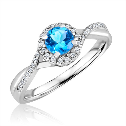 Blue Topaz and Diamond Halo December Birthstone Ring in Sterling Silver