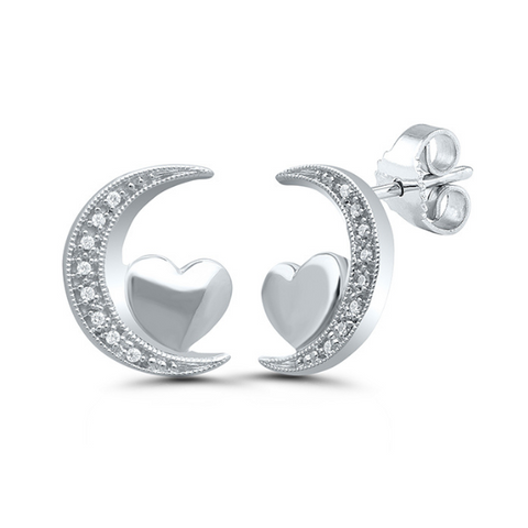 Diamond Crescent Heart Love Star Earrings in Sterling Silver