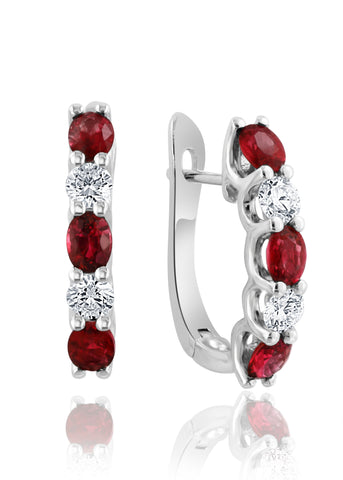 14K White Gold Ruby and Diamond Hoop Earrings