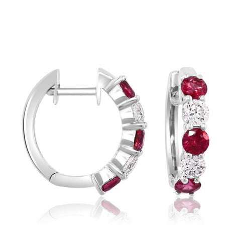 14K White Gold Ruby and Diamond Hoop Earrings