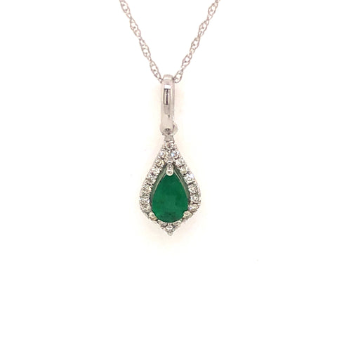 14k White Gold 0.48ctw Pear Shape Emerald and Diamond Pendant