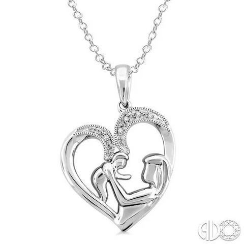 Sterling Silver 1/50 Carat Mother and Child Diamond Heart Pendant