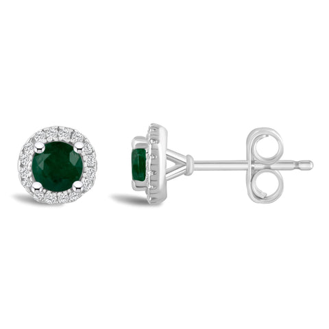 Round Emerald and Diamond Halo May Birthstone Earrings in Sterling Silver