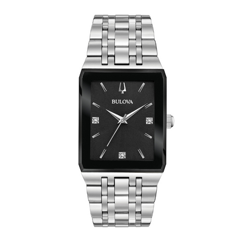 Bulova Men's Quadra Silver Square Black Dial Stainless Steel Watch