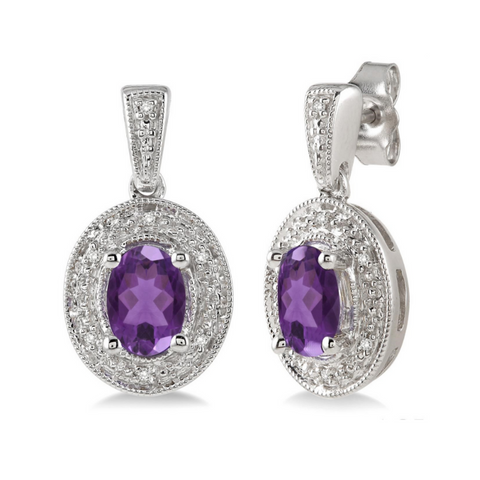 Sterling Silver 7x5mm Amethyst and 1/20 Carat Diamond Earrings