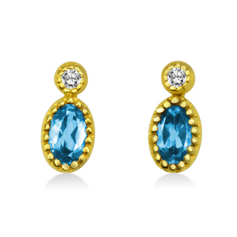 Oval Blue Topaz and Diamond Earrings Set in 14K Yellow Gold