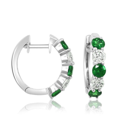 14K White Gold Emerald and Diamond Hoop Earrings