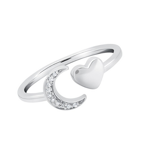 Diamond Crescent Moon Heart Ring in Sterling Silver