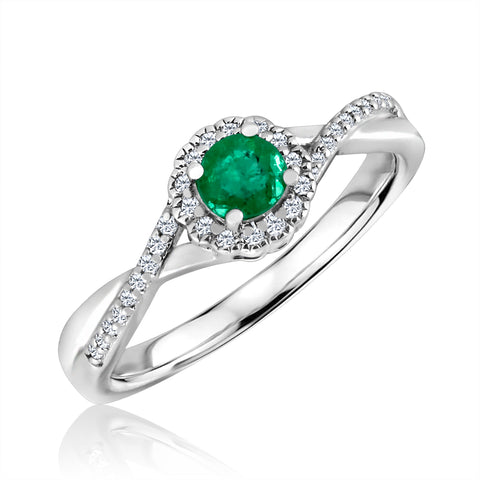 Emerald and Diamond Halo May Birthstone Ring in Sterling Silver