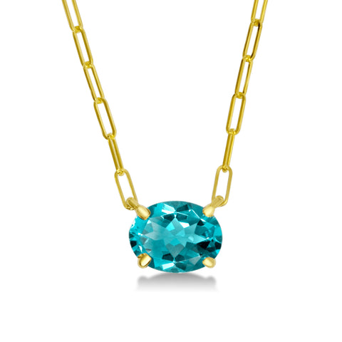 Oval Blue Topaz Paperclip Necklace in 14K Yellow Gold