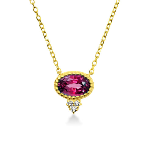 Oval Rhodolite and Diamond Pendant in 14K Yellow Gold