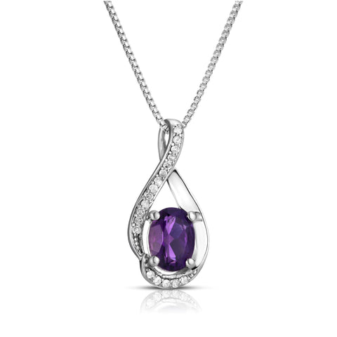 Oval Amethyst Diamond Swirl February Birthstone Pendant in Sterling Silver