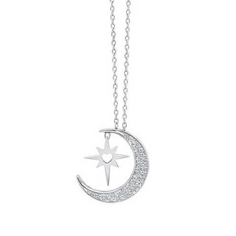 Crescent Moon Love Star Diamond Pendant in Sterling Silver