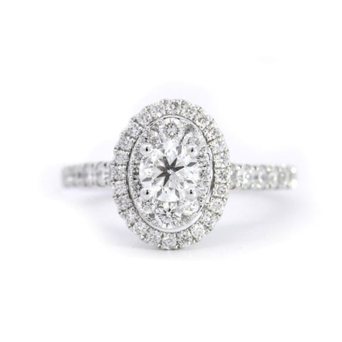 1 1/5 Ctw Oval Double Halo Engagement Ring With 1/2 Carat Round Center Diamond