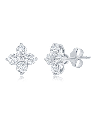 14K White Gold Diamond Floral Stud Earrings - 1 1/2ct Total, SI Clarity