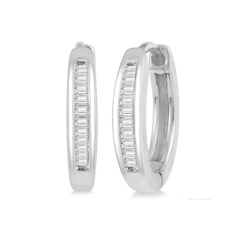 1/10 ctw Inlay Baguette Diamond Huggie Earrings in 10K White Gold