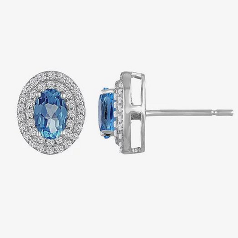 Sterling Silver Oval Blue Topaz and White Sapphire Double Halo Earrings