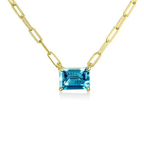 Emerald Cut Blue Topaz Paperclip Necklace in 14K Yellow Gold