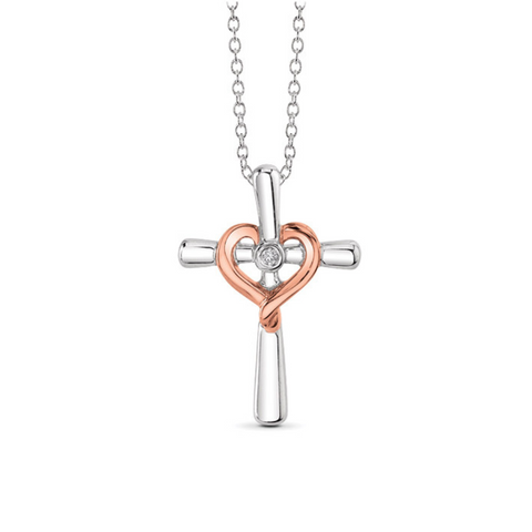 Diamond Heart Cross Pendant in Sterling Silver and Rose Gold